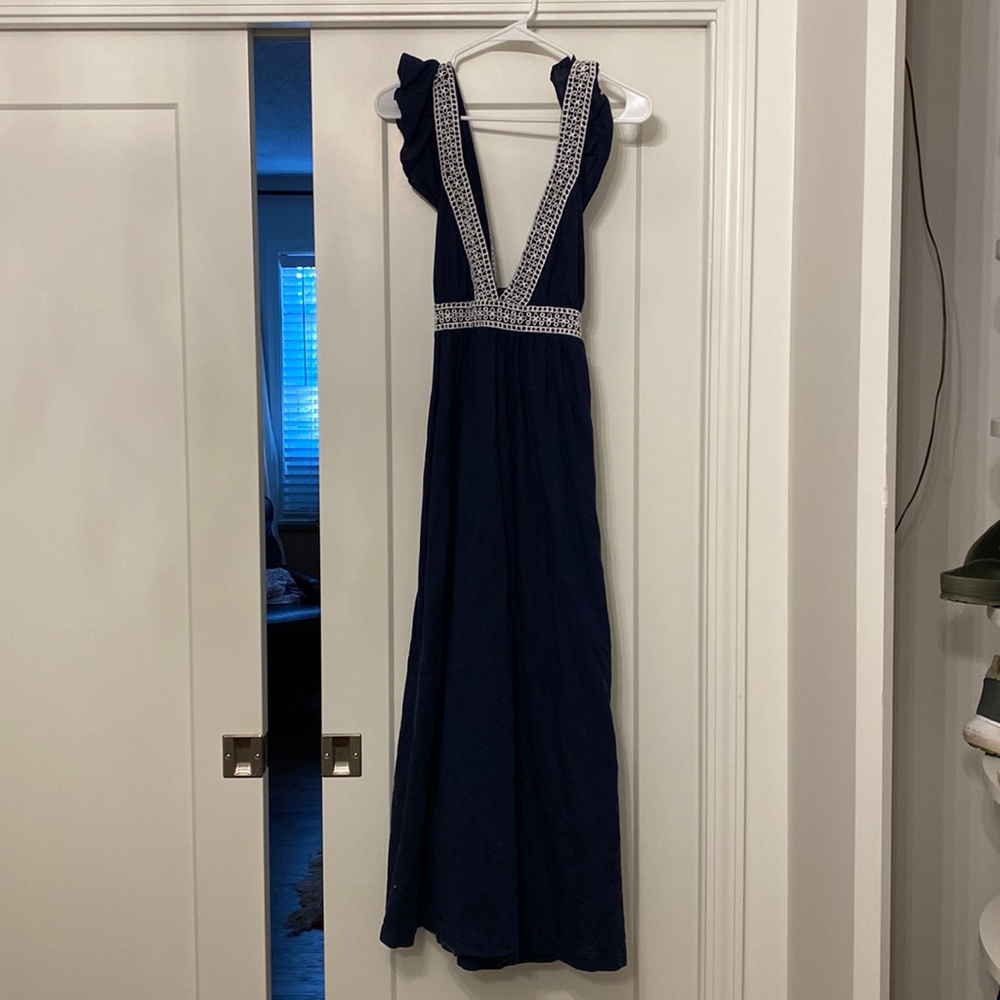 Navy jcrew maxi dress with white flower embroidery